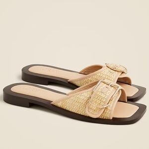 J. Crew Callie Faux Raffia Woven Buckle Open Toe Slip On Flat Sandals Shoes 8.5